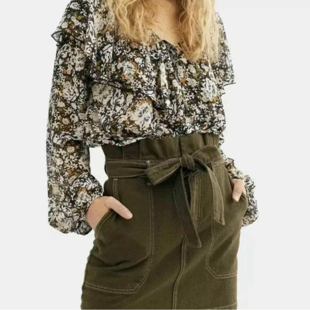 Free People Splendor In The Grass Army Green Mini Skirt Paperbag Waist Size‎ 2